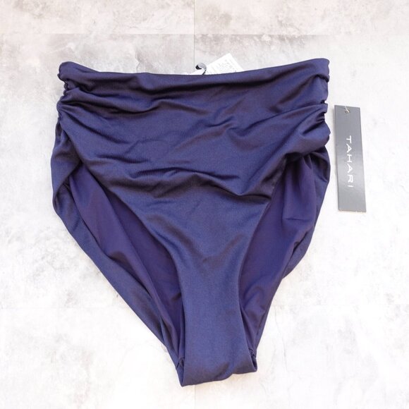 Blue High Waisted Swim Bottom Small Shirred Skimpy High Cut Ruched Beach TAHARI - Picture 1 of 9